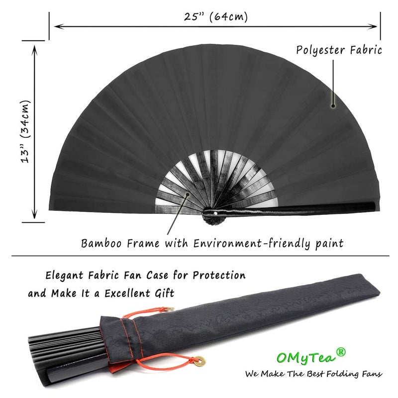 OMyTea Bamboo Large Rave Folding Hand Fan for Men/Women - Chinese Japanese Kung Fu Tai Chi Handheld Fan with Fabric Case - for Performance, Decorations, Dancing, Festival, Gift (Black) - Image 5
